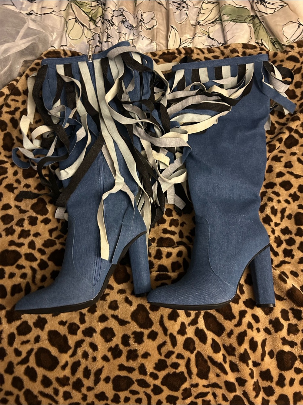 Gorgeous Blue Fringe Knee-High Heeled Boots